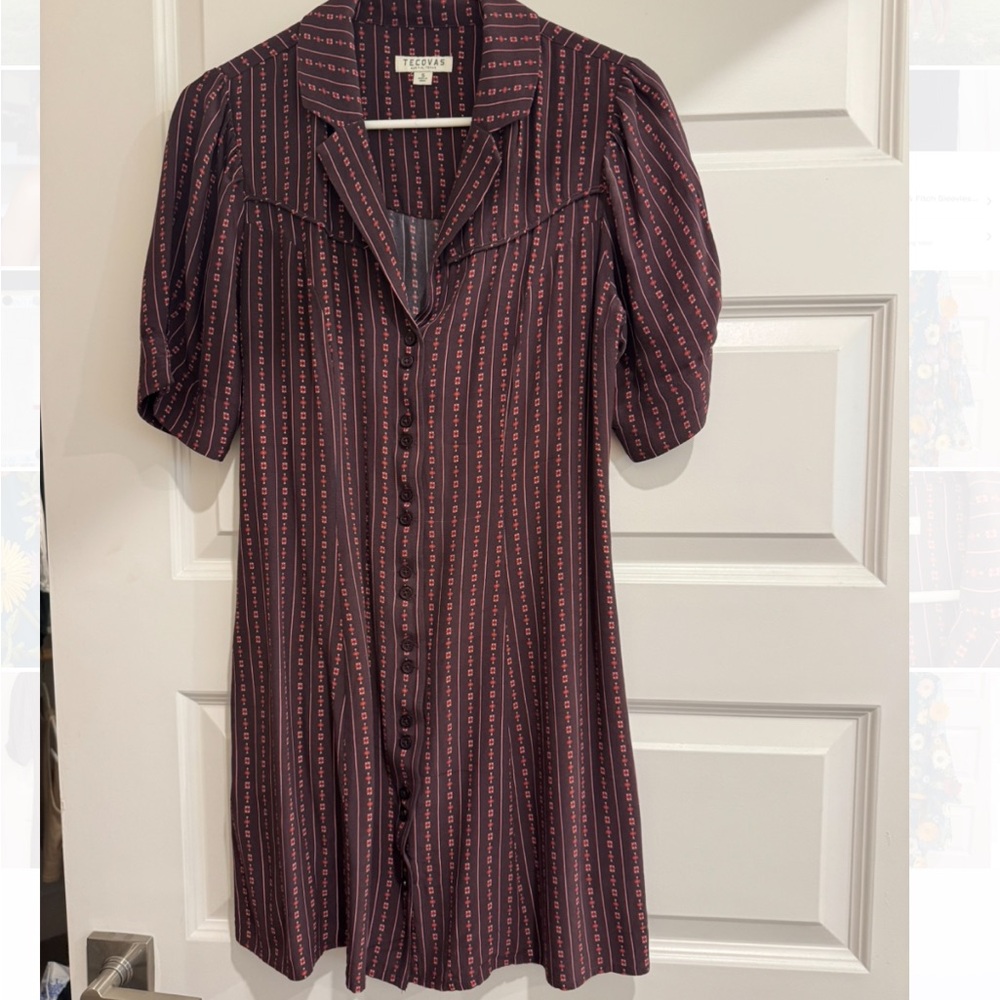 Tecovas Maroon Puff Sleeve button down Mini Dress